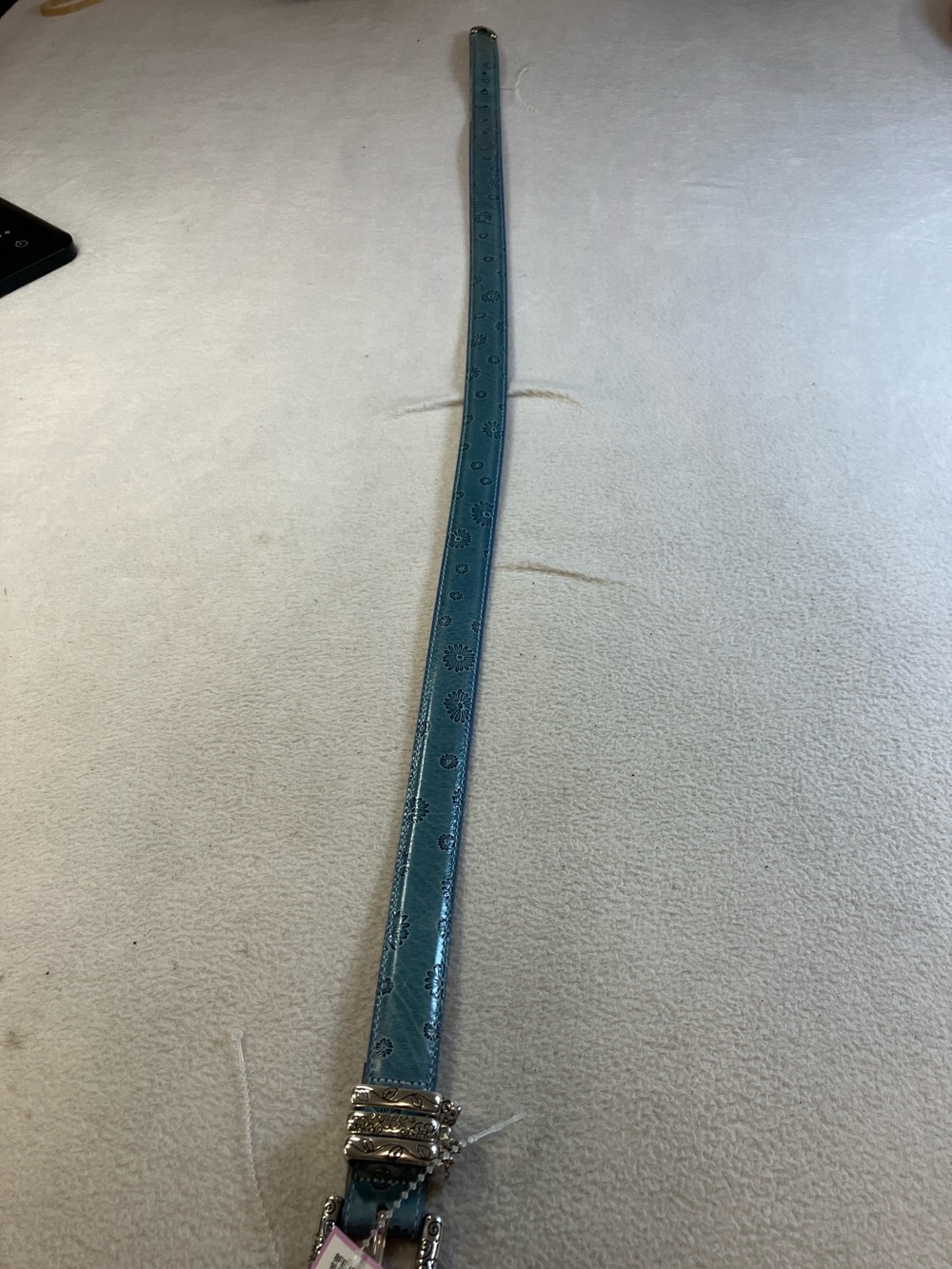 Brighton Teal Embossed Leather Belt with Decorative Silver Buckle